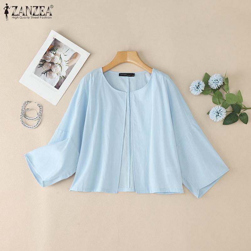 ZANZEA Women Casual Round Neck 3/4 Sleeve Loose Cardigan Summer Blouse