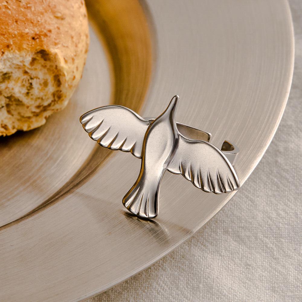 European Stainless Steel Dove Wing Open Ring - Retro Titanium Steel Bird Jewelry