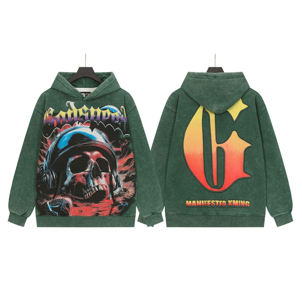 God Bless America Retro Rock Street Print Washed Hoodie - Casual Loose Fit