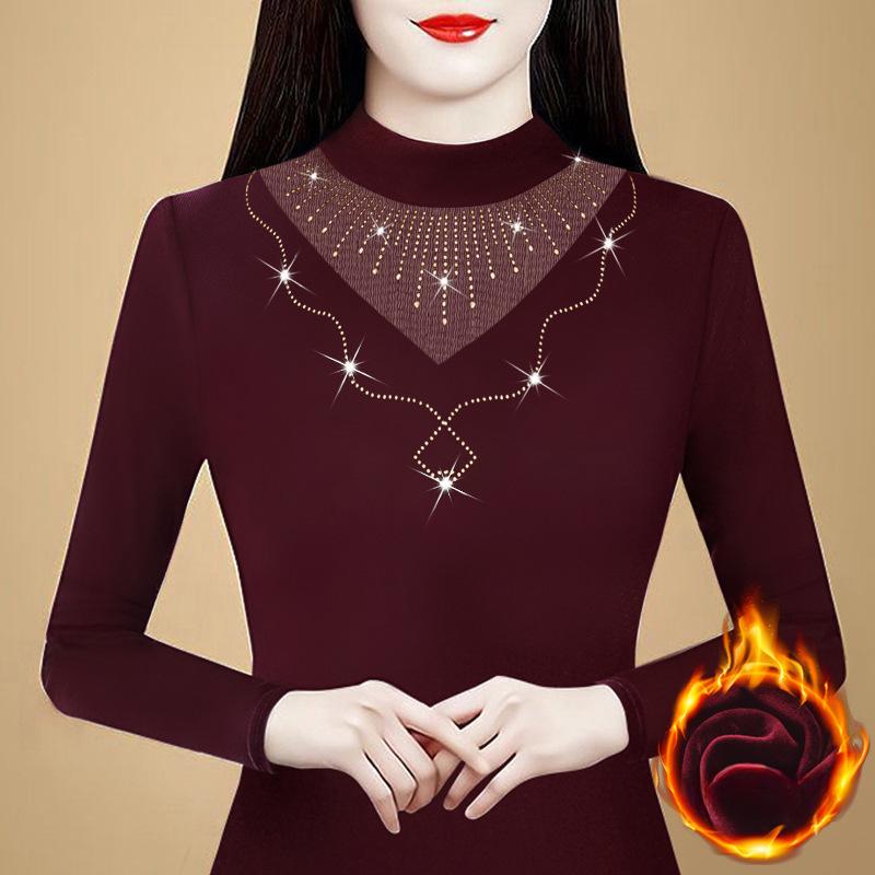 Nuevos Tops Jersey de Primavera Modernos y Elegantes Camiseta Base para Madres de Mediana Edad para Mujer con Camisa de Manga Larga de Diamantes Calientes de Alta Gama