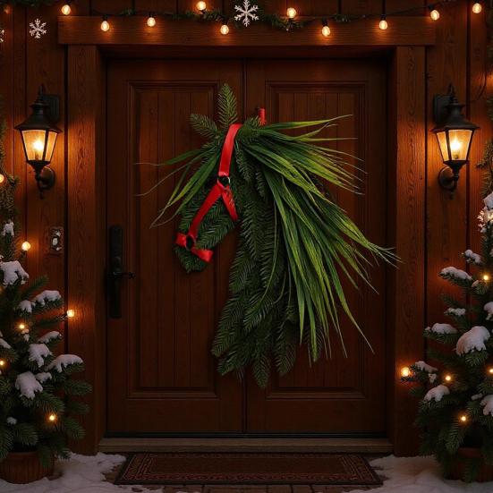 Horse Head Wreath Rustic Farmhouse Equestrian Front Door Decor Handmade Artificial Pine Branches Wreath with Red Ribbon for Wall Window Porch Decor