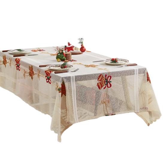 Christmas Lace Tablecloth Embroidered Santa Claus Xmas Bell Table Cloth Festive Dining Table Cover for Holiday Home Dinner Party Decor