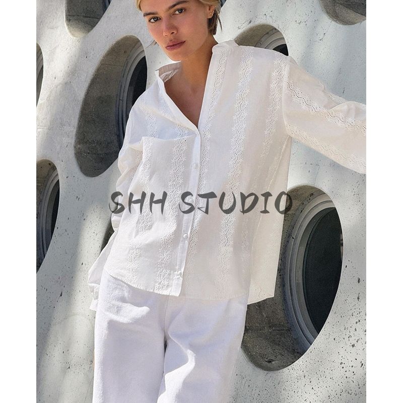 Spring New Women's Clothing Fashion Style Cut Out Embroider Fashion Minimalist Long Sleeve Lapel Shirt 8741027