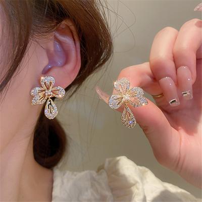 New French Light Luxury Gold Color Flower Stud Earrings For Women Korean Zircon Exquisite Earring Party Christmas Jewelry Gift