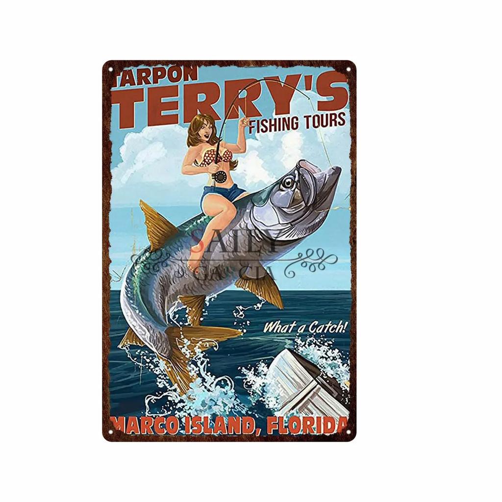 Vintage Fishing Metal Tin Sign  Relax and Fish Wall Art  Modern Pub Bar Decor  Animal Fish Posters for Home Decor  Metal Tin Sig