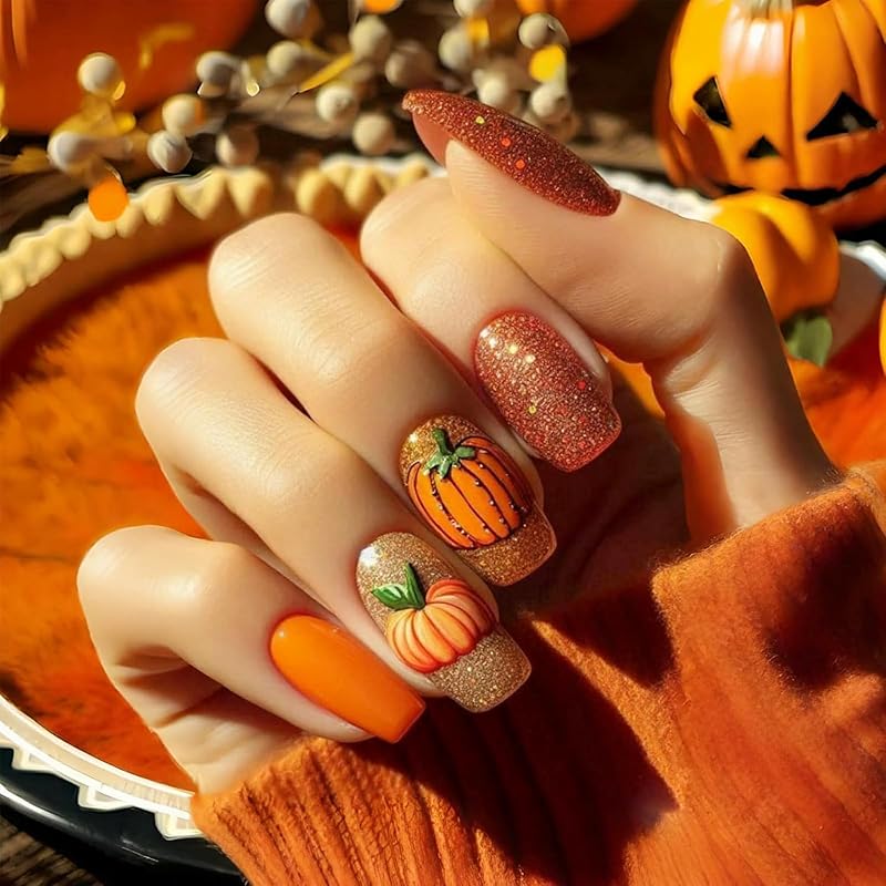 Fall Press On Nails Medium Square Fake Nails with Designs Maple Leaf Stick On Nail Thanksgiving Acrylic False Nail Bling Sequins Artificial Nail