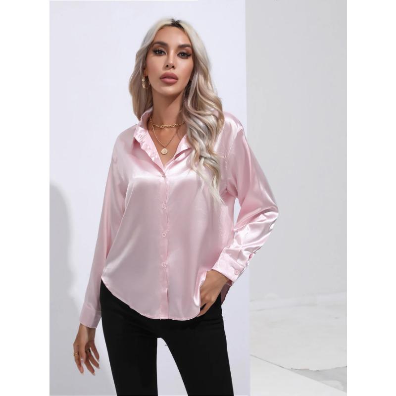 Camisa de mujer de primavera y otoño, blusa de manga corta de satén de Color sólido, camisa con hombros descubiertos