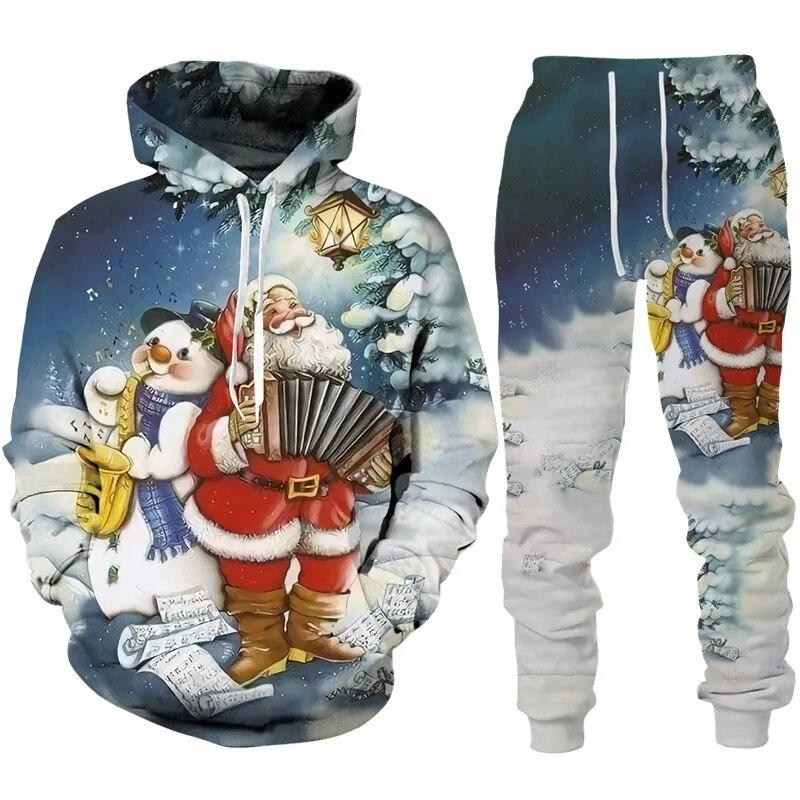 Merry Christmas Two Piece Hoodie Pant Sets Santa Claus Elk 3d Print Set Men Women Fashion Hoodie Pant Set Xmas Tracksuit Suit