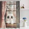 Japanese Cute Cat Shower Curtain Cherry Blossom Anime Asian Style Funny Animal Floral Fabric Bathroom Decor Curtain With Hooks
