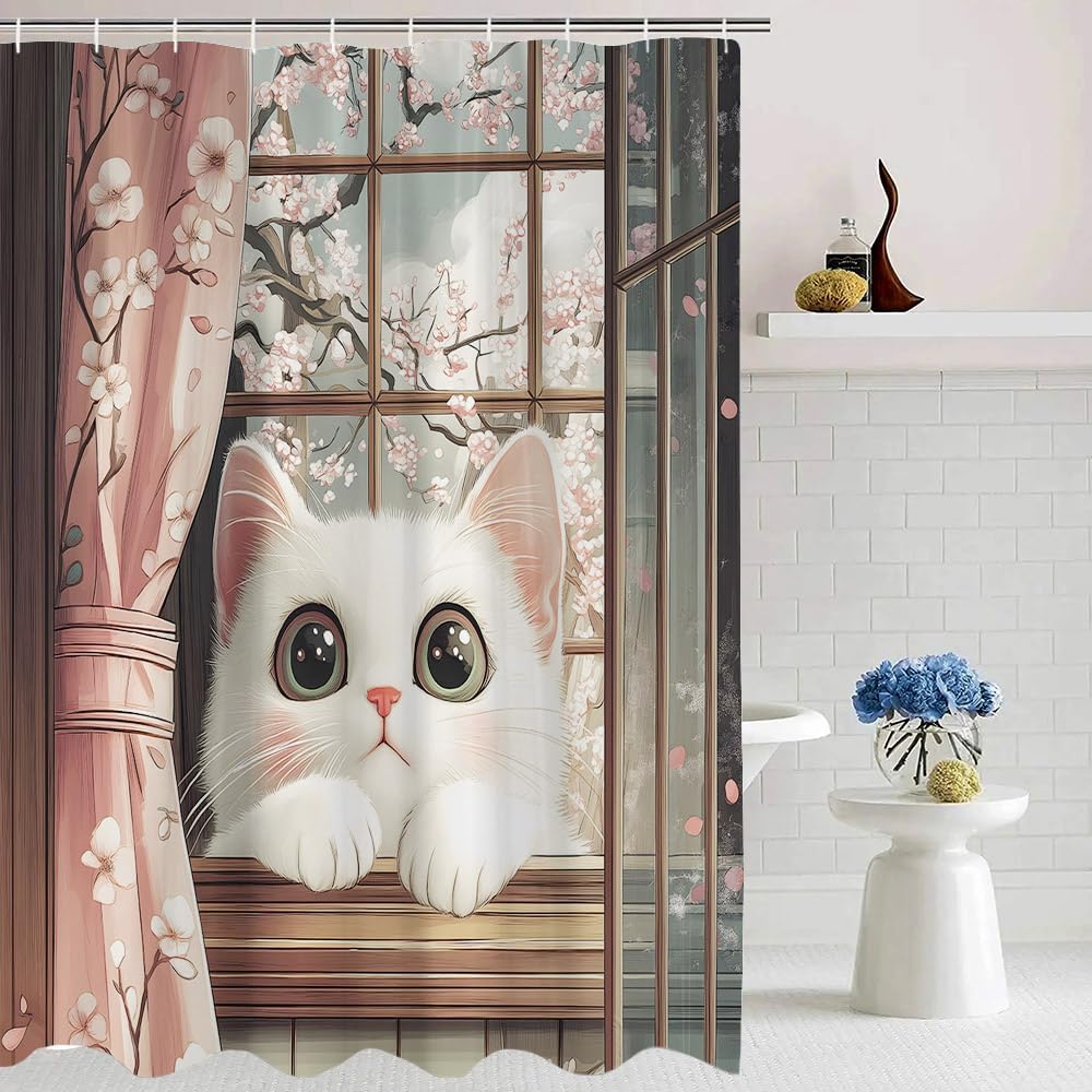 Japanese Cute Cat Shower Curtain Cherry Blossom Anime Asian Style Funny Animal Floral Fabric Bathroom Decor Curtain With Hooks
