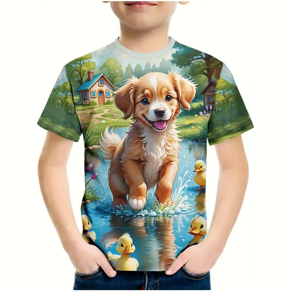 Kids Clothes Cheerful Puppy 3D Print Graphic T Shirts Summer Outdoor Play Crew Neck Short Sleeves Children's Boy's Clothing