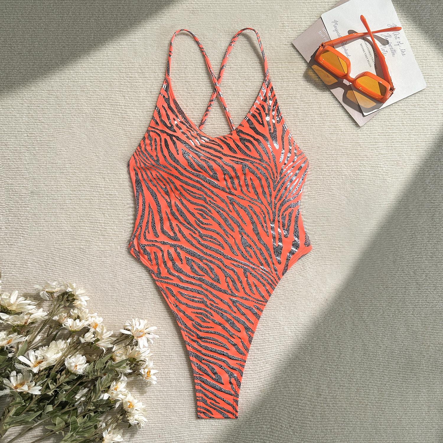 European and American bronzing zebra pattern sexy backless one-piece thong swimsuit bikini S