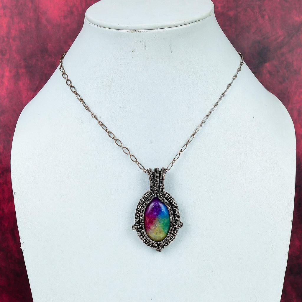Rainbow Solar Quartz Druzy Gemstone Pendant Copper Wire Wrapped Designer Jewelry