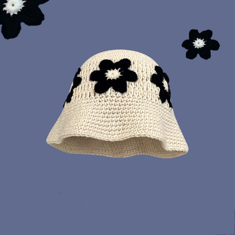New fresh flower handmade knitted wool hat female sweet versatile face small bucket hat plain face