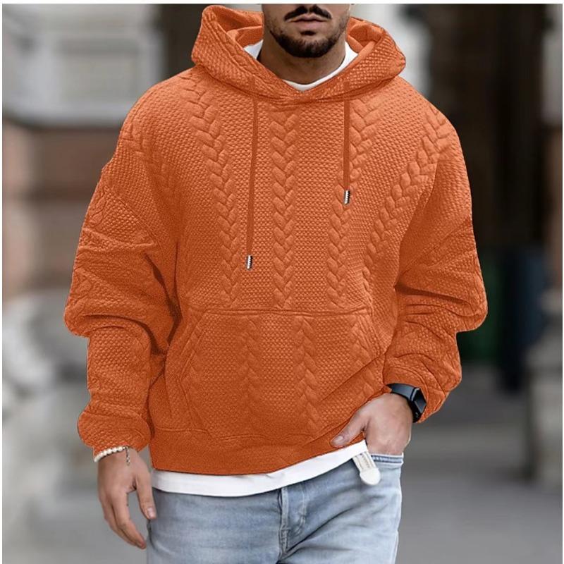 Men S Casual Hooded Pullover Sweatshirt Jacquard Solid Long Sleeve Loose Fit