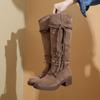 Cowhide Version~ Retro Wasteland Fringed Knight Boots Thick Heel But Knee Long Boots Slim Pile Medium Boots Women