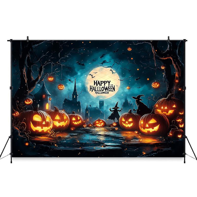 Mocsicka Happy Halloween Background For Photography Jack-O-Lanterns Party Backdrop Night Moon Bat Wizard Pumpkin Decor Photocall