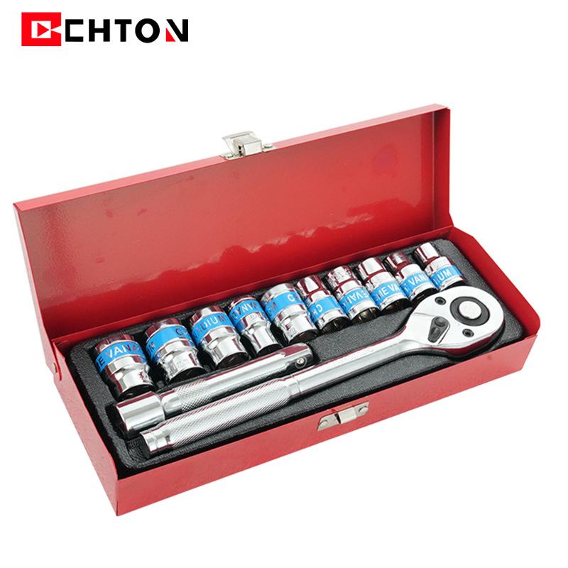 12-Piece Dual-Purpose Chrome Vanadium Ratchet Wrench Set with Extension Rod and Iron Box