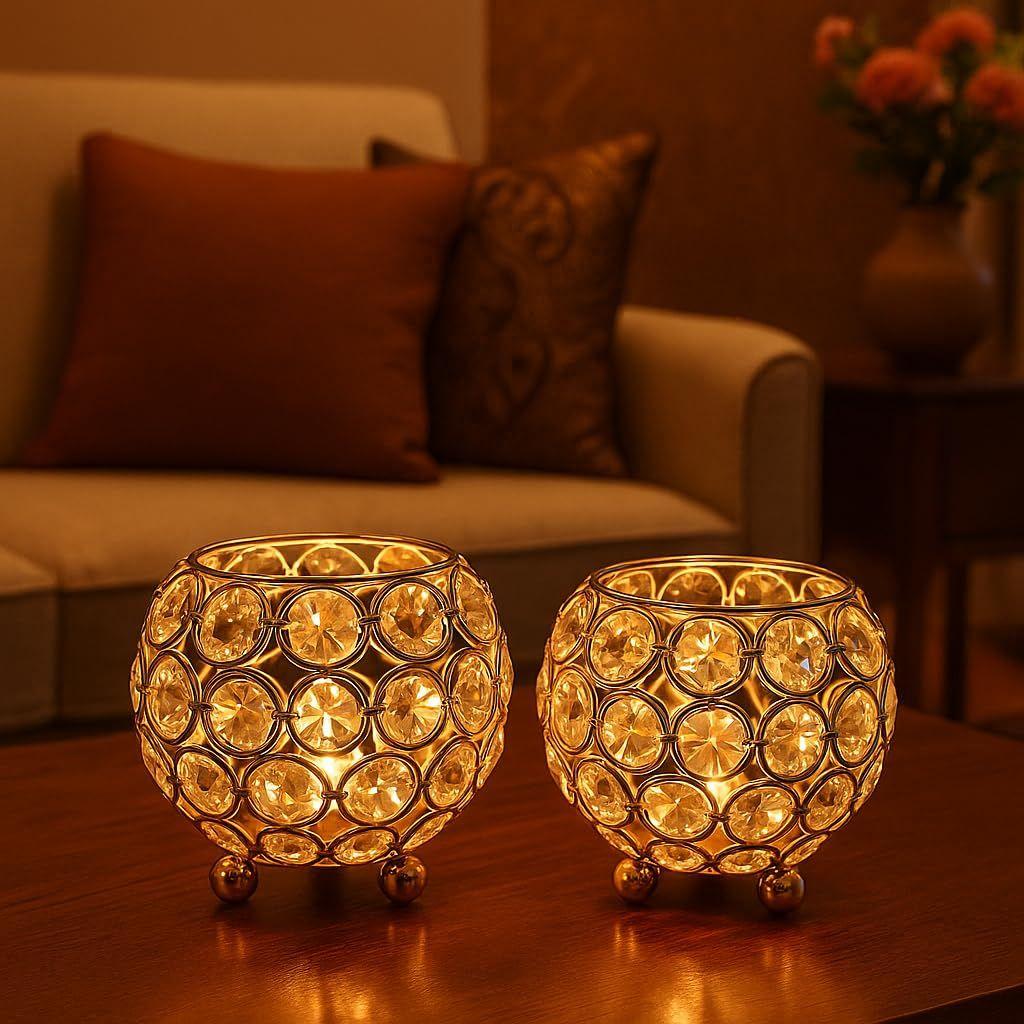Pack of 2 Tea Light Crsytal Candle Holder - Pooja Diya Decoreation Items for Home Diwali Brass Puja Item Unique Christams Diwali Gift