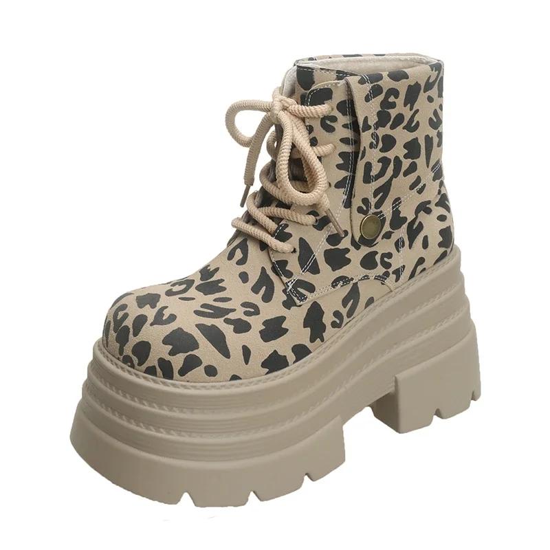 

Женские ботильоны на платформе с леопардовым принтом 10 см, высокие каблуки, зимние замшевые теплые меховые зимние ботинки 2025 года, трендовые женские осенние ботинки на шнуровке 34 хаки