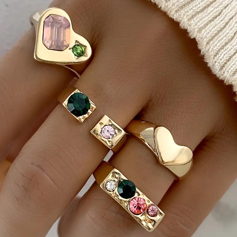 4PCS Vintage Purple Crystal Rings for Women Gold Color Metal Rings Set Snake Fashion Jewelry Female Designer Minority Gifts