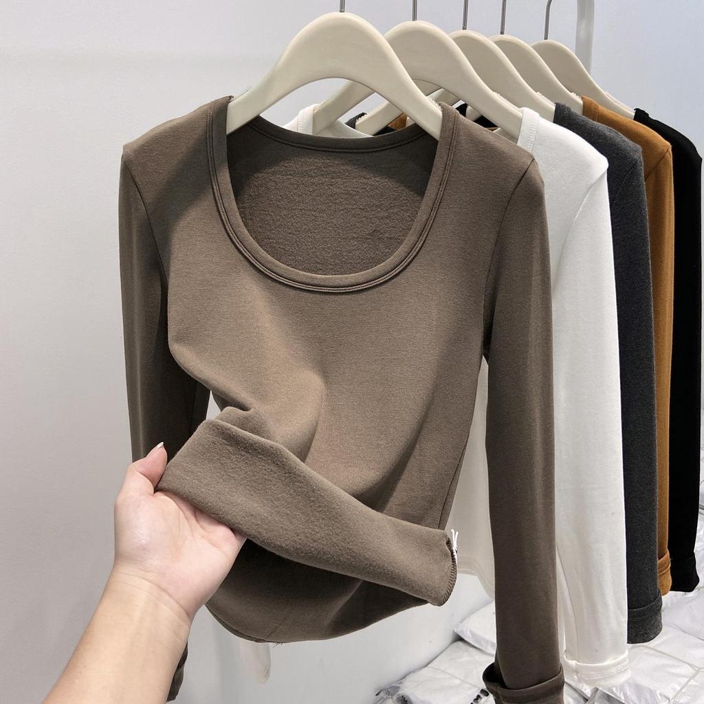 "2025 Autumn/Winter U-neck Thin Fleece Women's Long-sleeved Top: European Style with Exposed Collarbones”