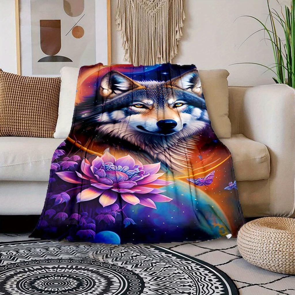 1 kuschelige Flanelldecke mit Wolfsmuster für Sofa, Bett, Reisen, Camping, Wohnzimmer, Büro, Couch, Stuhl