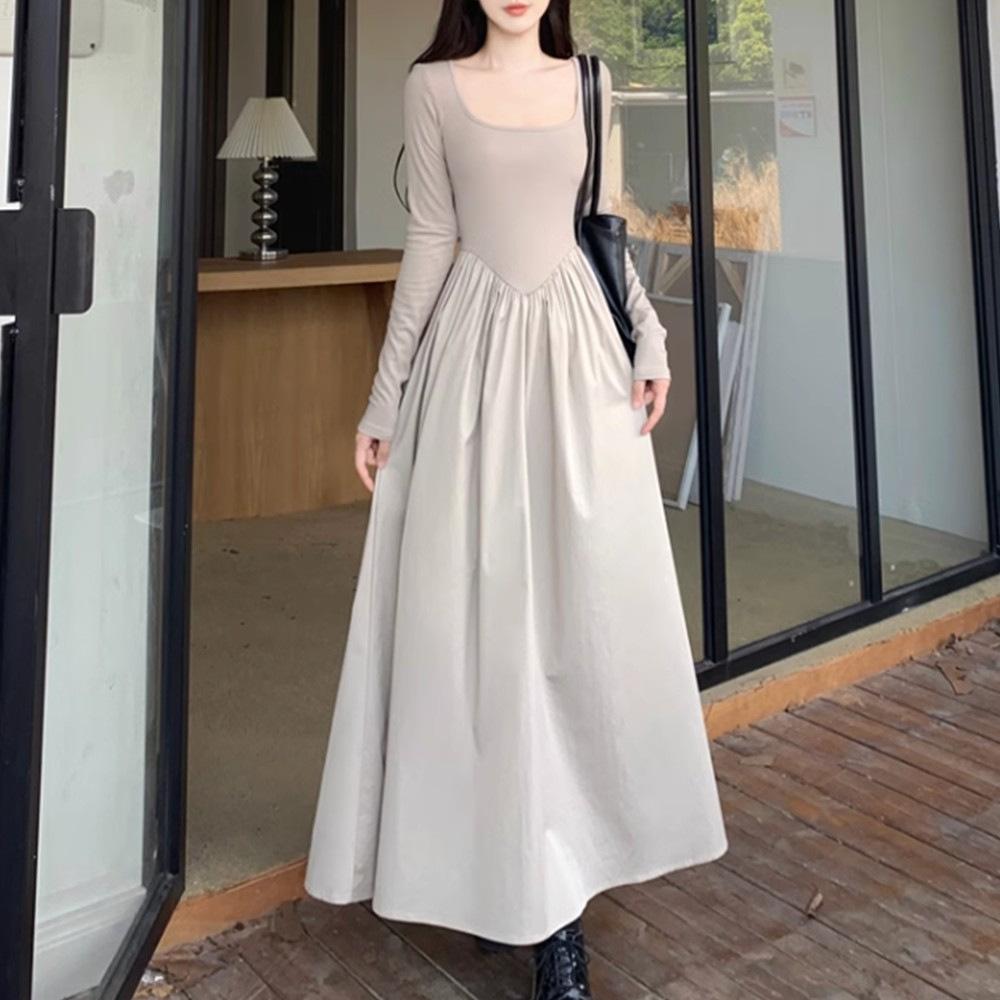 French Hepburn style long-sleeved square neck bottoming dress women's season new style temperament inner long dress
