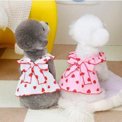 Dog Summer Dress Sweet Strawberry Pattern Bowknot Decor Princess Apparel Pet Skirt with Traction Ring Breathable Puppy Clothes for Small Dogs Cats