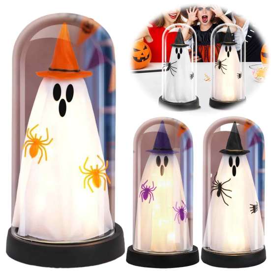 Halloween Ghost Decoration Indoor Light Up in Dome Cloche, Cute Witch Decorative Window Table Lamp with LED for Home Kitchen Mantel Tabletop