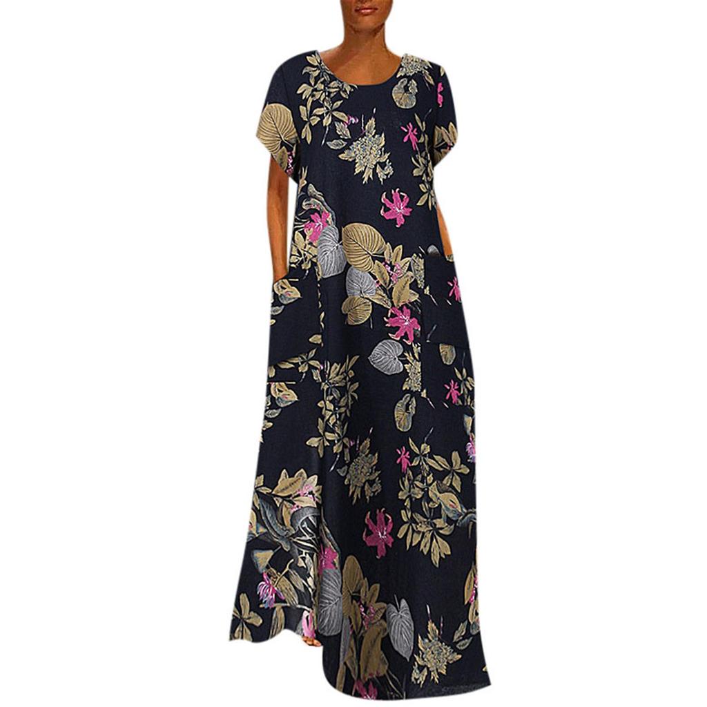 Women Round Neck Half Sleeve Flower Print Robes Style  Kaftan Loose Long Dress