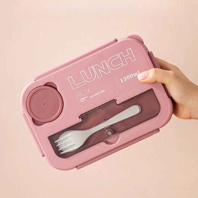 Přihrádka 1300ml přenosná krabička na oběd pro děti Studentská kancelář Bento krabička s vidličkou a lžící Mikrovlnná nádoba na jídlo