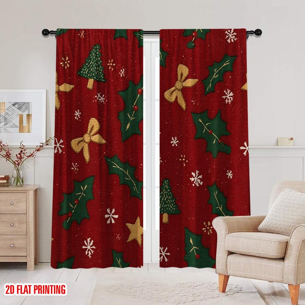 2pcs,2D Plane Printing Creative Curtains Adorable Santa Hat & Scarf Versatile Fabric (without Rod) All Seasons Ldeal for Living