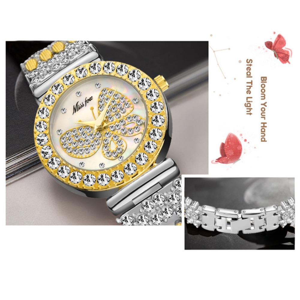 Butterfly Rhinestone Quartz Watch For Women Round Full Diamond Bezel Shell Dial Luxury Alloy Bracelet Elegant Party Waterproof Wristwatch