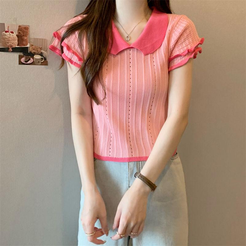 

Ажурный топ с высококачественным дизайном, нишевый розовый кукольный воротник, тонкая трикотажная рубашка с короткими рукавами для женщин, лето L