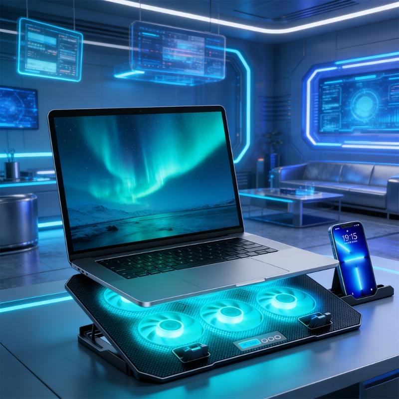 6 Quiet Fan Laptop Cooling Lighting Adjustable Foldable Laptop Cooling Pad LED Light Fan with 2 USB Port Phone Holder