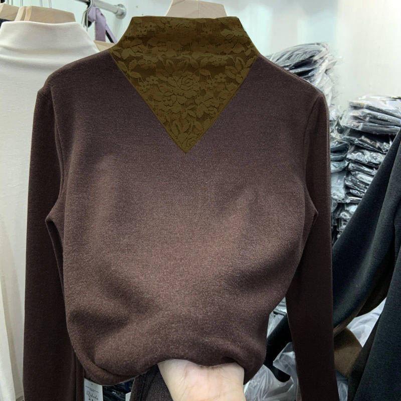 

Катионная немецкая бархатная нижняя рубашка женская осенне-зимняя полуводолазка вязаное кружево утолщенная внутренняя подкладка 3XL темный кофе