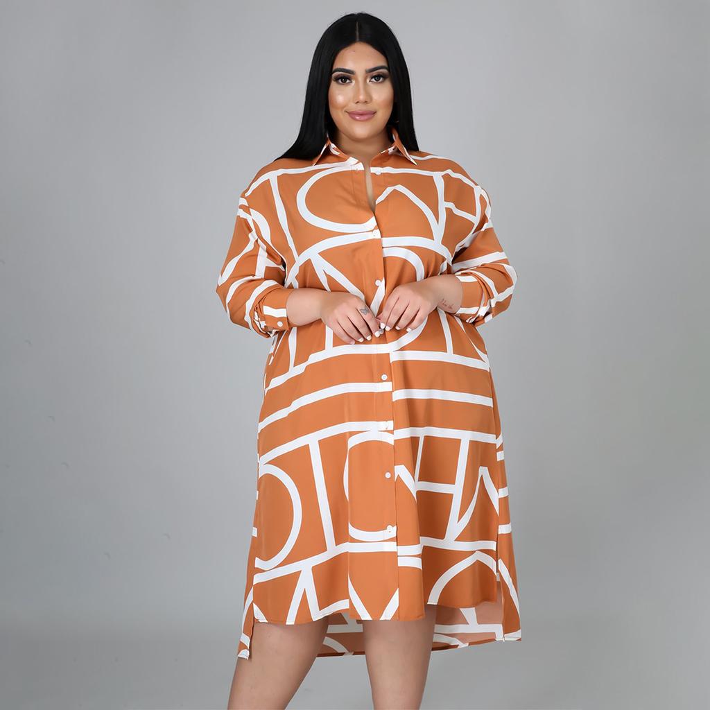 Plus Size Dress Printed Drawstring Waist Shirt Plus Size Dresses for Women