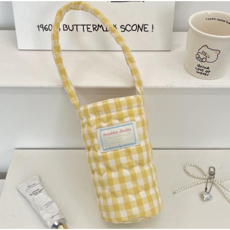 57141 cup cover portable small bag fabric padded plaid water cup bag anti-scalding soft portable water cup milk tea bag