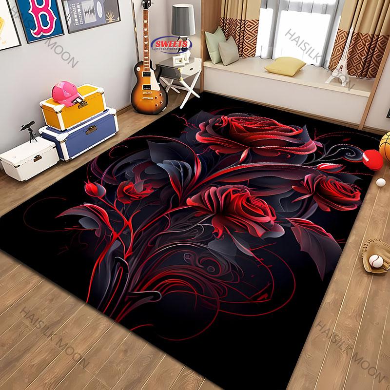 15 Sizes Dark Red Rose Art Carpet Rug for Living Room Bedroom Sofa Doormat Non-slip Floor Mat, Modern Style Mat Wonderful Gift