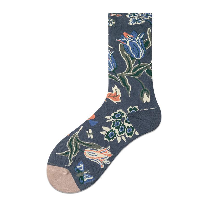 

Носки с цветочным узором женские хлопковые носки средней длины Tide Brand для пар с высоким берцем верхняя одежда нишевые модные чулки мужские One Size