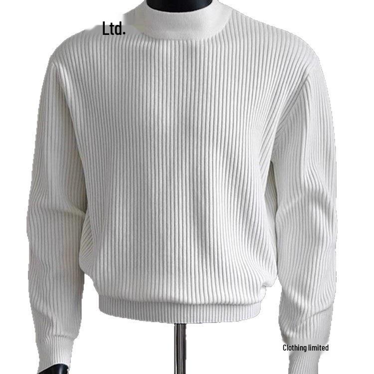Herren Weißer Gerippter Rollkragenpullover - Herbst/Winter Lazy Style, Gestrickt, Gerade Schulter, Hohe Dehnbarkeit