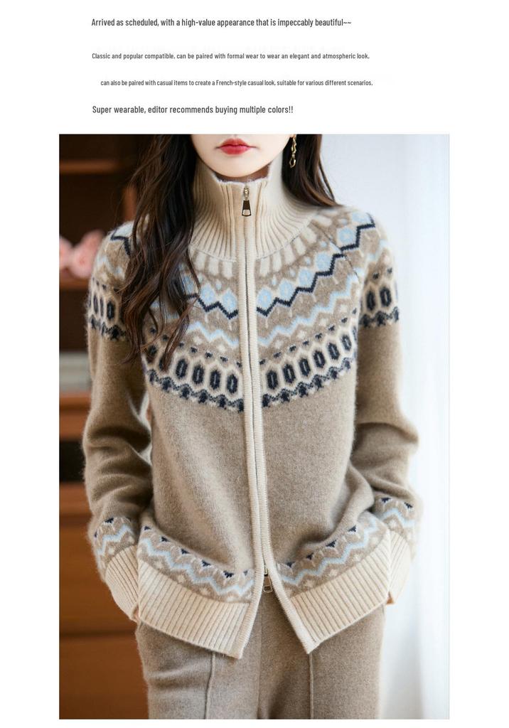 Cárdigan de Cachemira y Lana Fair Isle Otoño-Invierno para Mujer - Abrigo Grueso de Punto Suelto Jacquard