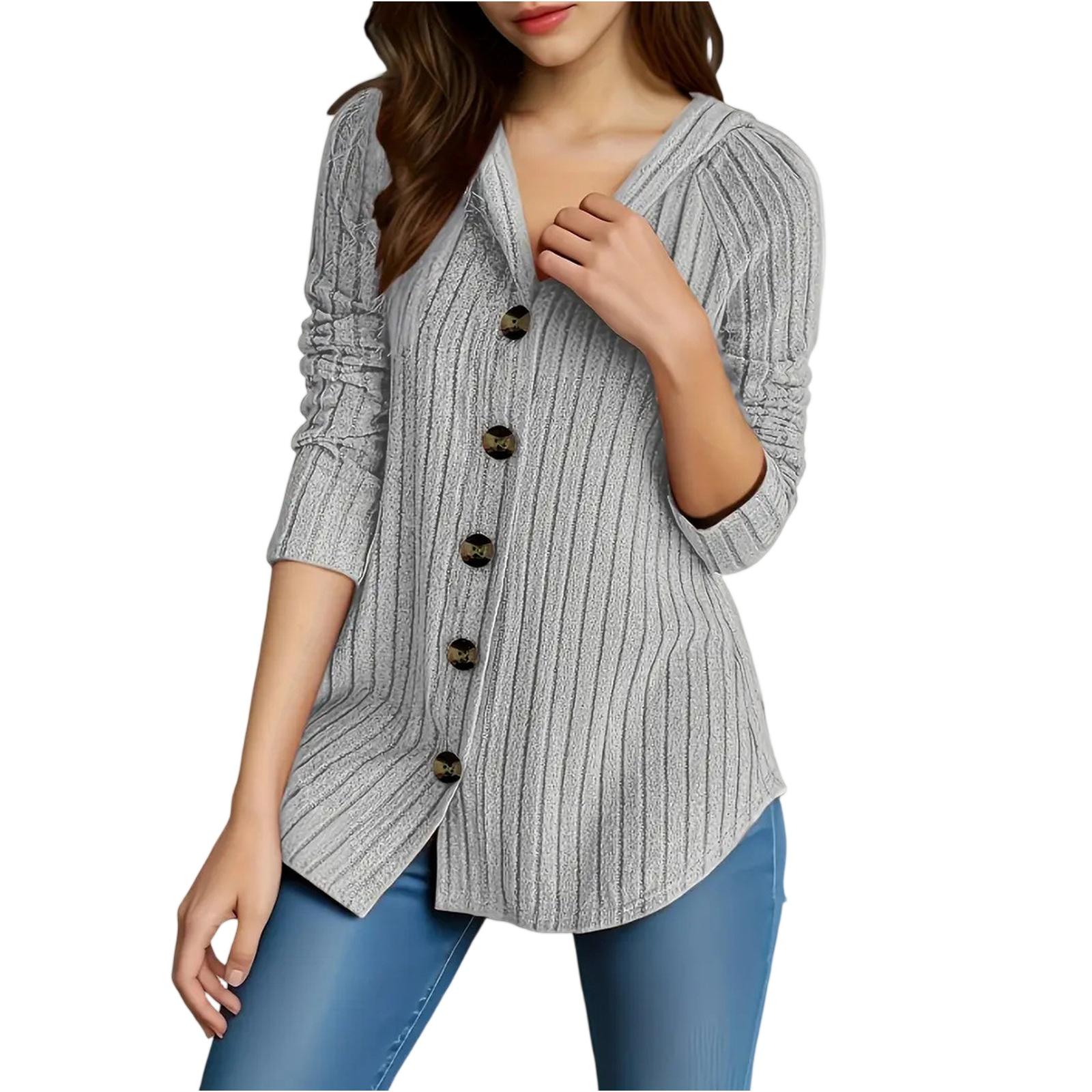 

Women s Fashion Solid Color Hooded Long Sleeve Button Casual Top M