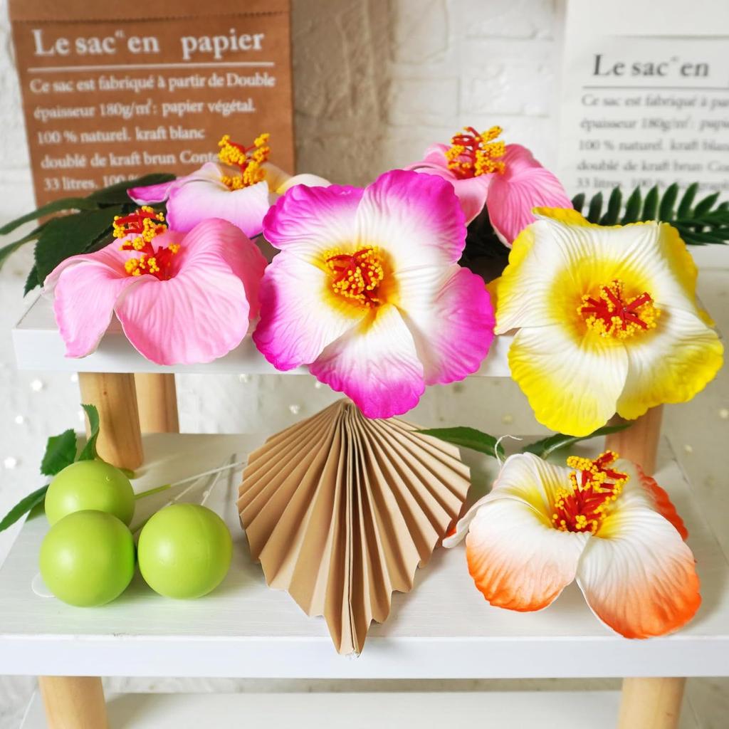 25 Piezas Decoración de Pastel de Flores Decoración de Pastel Hawaiana Decoración de Flores y Hojas de Palma para Decoración de Fiesta de Flores
