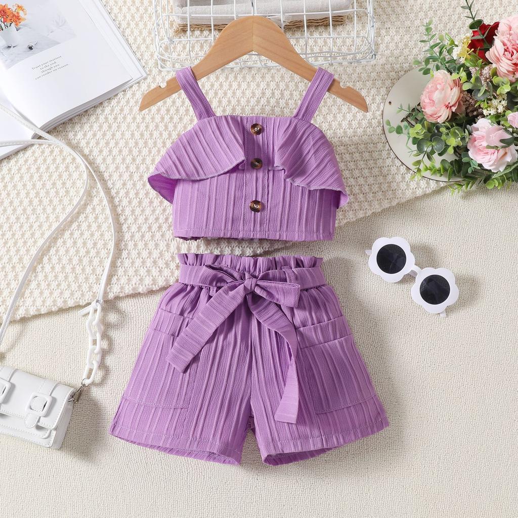 Mädchen Mode Anzug Sommer Kinder Casual Neckholder Top Offene Tasche Shorts mit Gürtel Anzug