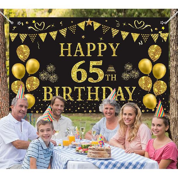 Trgowaul 65th Birthday Backdrop Gold and Black 5.9 X 3.6 Fts Happy Birthday Party Decorations Banner for Women Men Photography Supplies Background