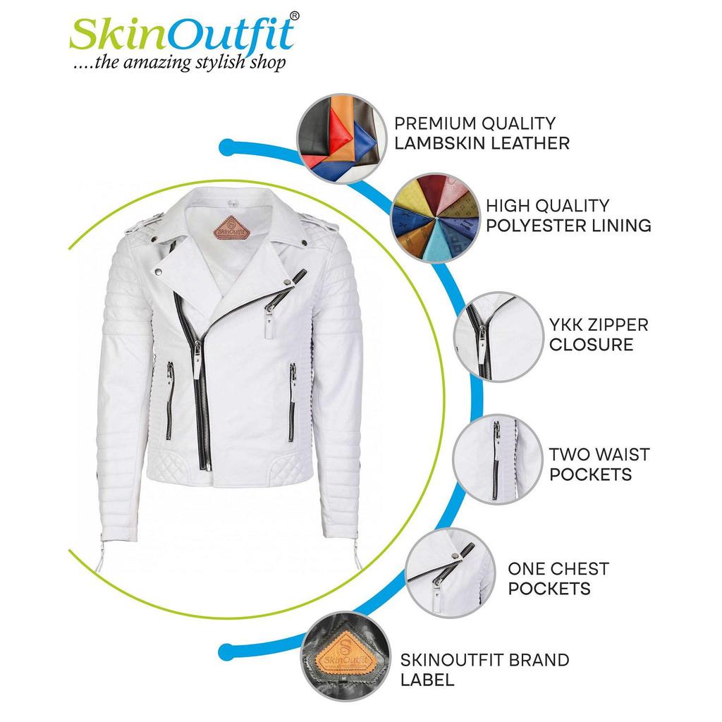 SKINOUTFIT Herren Motorrad Lederjacke Echtes Weißes Lammleder Café Racer Biker Oberbekleidung