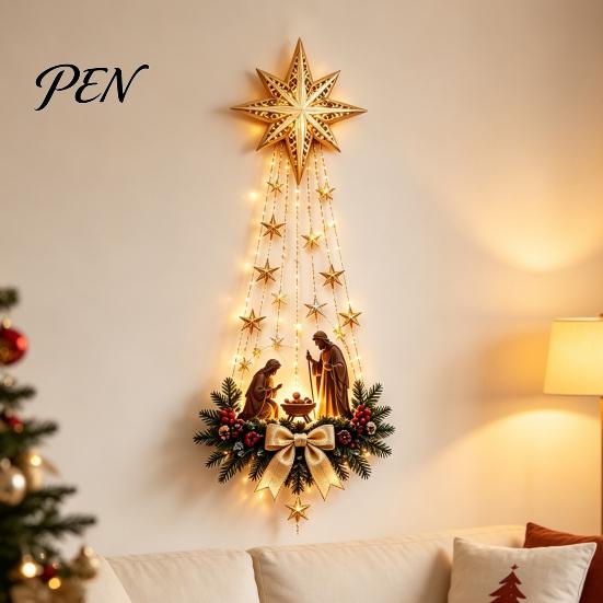 Christmas Wall Decor for Home Lighted Nativity Decor, 3D Gold Bethlehem Scene LED Hanging Light with Decorative Pine Branch Art Warm Glow, Religious