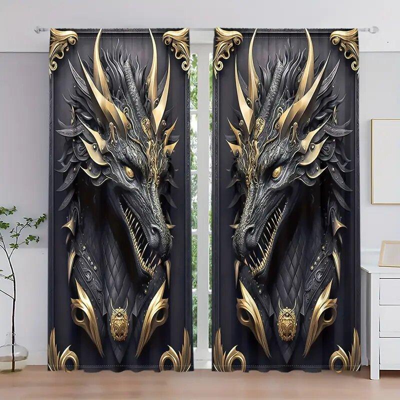 

A black and gold three-dimensional and imposing dragon pattern totem printed curtains home decoration room decoration 100*130 Grommet Top 1pcs